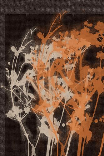 Weidebloemen in verbrand oranje en crème op bruine linnenlook.