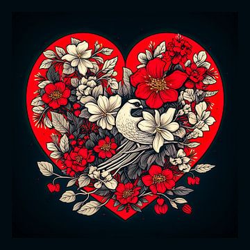 Tatouage cœur fleuri avec oiseau sur fond noir sur Vlindertuin Art