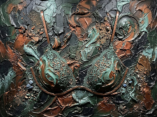 Kupferglanz & Jade-Spitze – Abstraktes Mineral-Relief-Stillleben (Fine Art Wandbild)