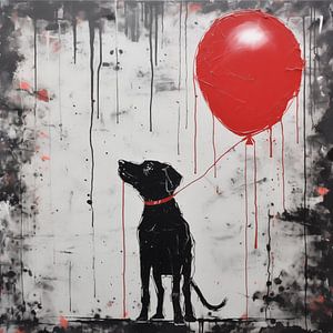 Schwarzer Hund mit Luftballon