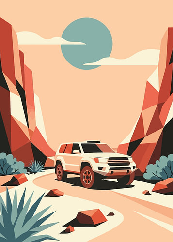 White SUV parked between towering desert canyon rock formations