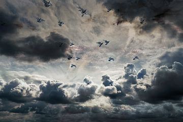 Donkere wolken met vrije vogels van Marijke de Leeuw - Gabriëlse
