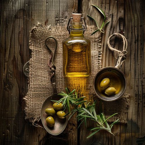 Olives et huile d'olive Nature morte