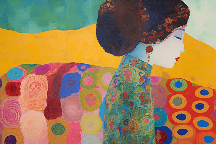 Colourful portrait in the style of Gustav Klimt and Hilma af Klint by Carla Van Iersel