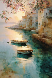 Mediterranean Harbour – Dreamy Turquoise Gold by Peter Pen Drawings and Paintings