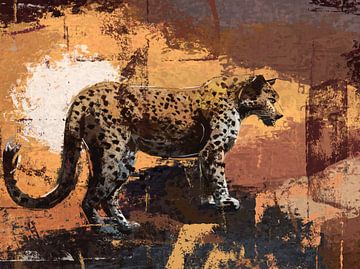 Big 5 - Leopard im groben Zeichenstil - Sonnenuntergang in Orange, Taupe und Schwarz von Emiel de Lange