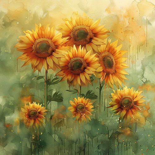 Gloeiende Zonnebloemen Poster Met Druppels Kunstwerk