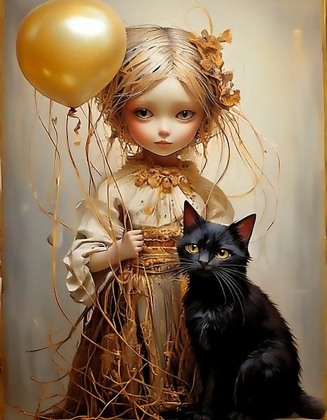 Girl with cat and balloon by Ans Bastiaanssen