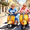 2 femmes sociables sur un scooter à travers Lisbonne sur De gezellige Dames