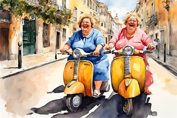 2 femmes sociables sur un scooter à travers Lisbonne sur De gezellige Dames
