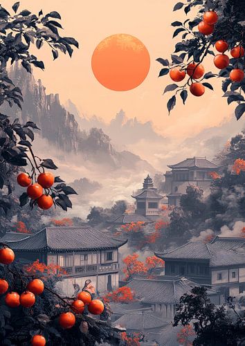 Asiatische Landschaft mit Kakis und Pagoden