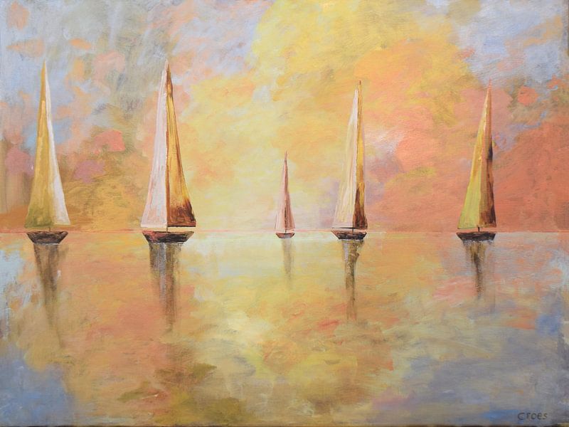 Sailing boats in evening twilight by Chris Croes schilderijen