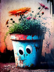 Streetart pot de fleurs visage espiègle éphémère