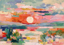 Abstract landschap met een laagstaande zon in pastelkleuren van Niklas Maximilian