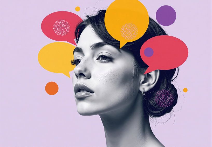 Monochromes Porträt mit überlagerten Sprechblasen und Kreisen von Markus Gann