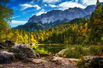 Picturesque Frillensee with autumn reflection Bavaria