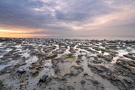 Het Wad bij Moddergat tijdens zonsondergang