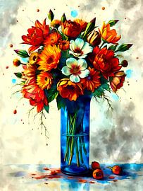 Surrealer Blumenstrauß in blauer Glasvase – Lebendige Farbenpracht von The Art of Mark Fischer