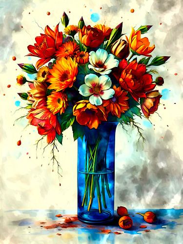 Surrealistisch boeket bloemen in een blauwe glazen vaas - Levendige uitbarsting van kleur