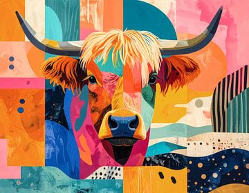Levendig modern figuratief en geometrisch kunstwerk hooglander kop van Emiel de Lange