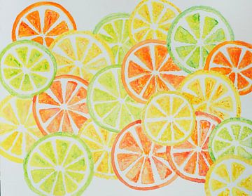 Citrusvruchten (aquarel van doorgesneden limoenen, citroenen en sinaasappels)