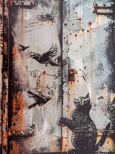 Katze Vögel Graffiti Streetart rostige Containertür