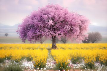 Bloeiende boom in kleurrijk bloemenveld van De Muurdecoratie