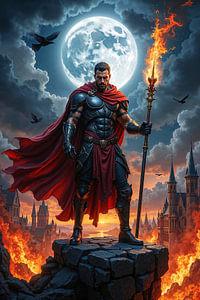 Dark Fantasy Art Wandbild: AETHRAVEN - Der triumphierende Krieger über der brennenden Stadt