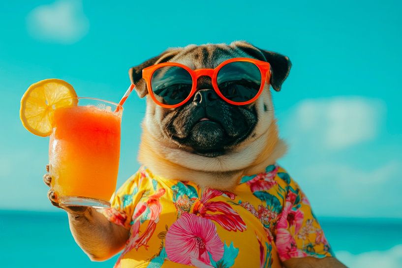 Holiday mood with bulldog on the beach by Poster Art Shop