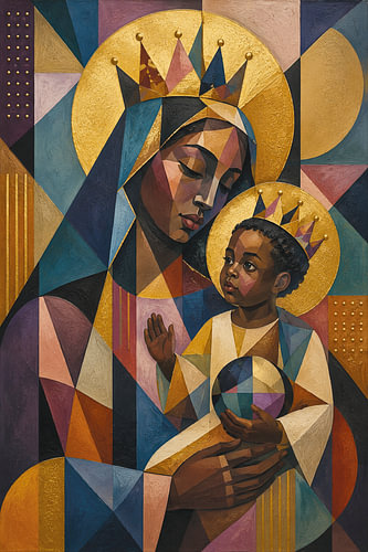 A Cubist painting of the Black Madonna with Jesus.