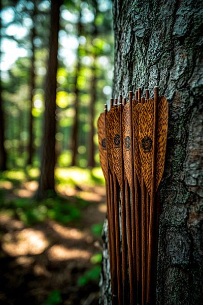 Wooden arrows against tree trunk by Art & Soul Creations