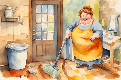 gezellige dame schrobt de badkamer