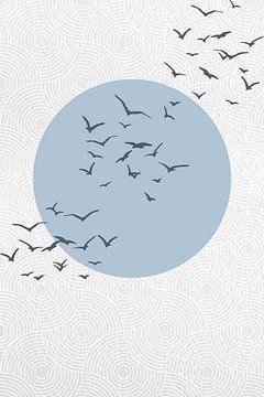 Japandi. Abstract landscape with pastel blue sun and birds on Japanese white pattern by Dina Dankers