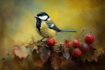 Koolmees tussen herfstbladeren en bessen van Joriali fotografie en schilderijen