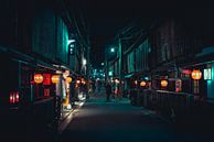 Lampionnetjes in een donkere straat in Kyoto van Mickéle Godderis thumbnail