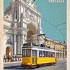 Vintage-Reiseplakat. Lissabon, Portugal. Typische gelbe Straßenbahn von SPJE ART