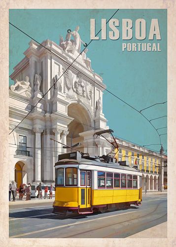Vintage-Reiseplakat. Lissabon, Portugal. Typische gelbe Straßenbahn