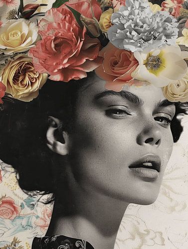 Vintage portret met gekleurde bloemen