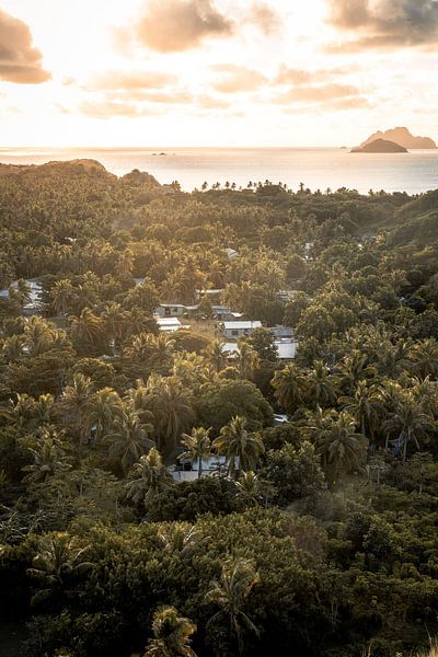 Kleines Dorf auf den Fidschi-Inseln bei Sonnenuntergang. von Niels Rurenga