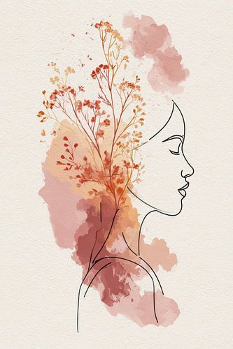 Bloeiende Gedachten – Elegant Vrouwelijk Portret in Aquarel