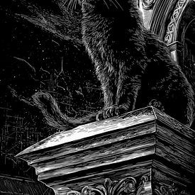 Mondnacht über gotischem Zierbau mit Katze von Pixelbull Design