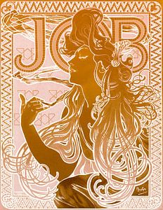 Vintage-Gemälde einer jungen Frau im Jugendstil in hellem Rosa und dunklem Gold.