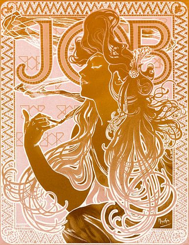 Vintage schilderij van een jonge vrouw in art nouveau stijl in lichtroze en donker goud.