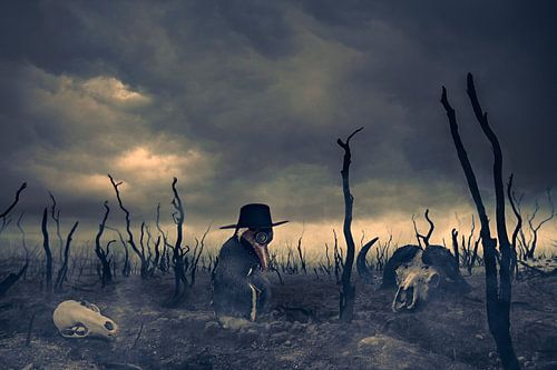 Manipulation de l'image d'un pingouin médecin de la peste dans le désert - Art avec message sur le climat