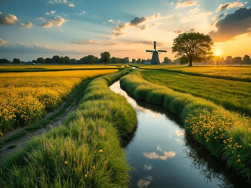Prachtig Nederlands landschap met een molen aan de horizon.