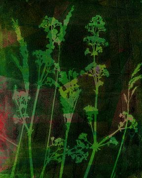 Sogni di fiori.  Retro bloemen, planten en grassen in groen, rood, bruin van Dina Dankers