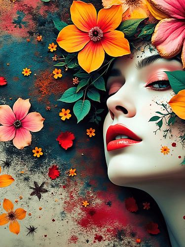 Een portret van een vrouw met gekleurde bloemen rond haar hoofd
