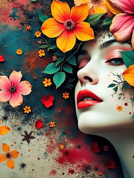 Porträt einer Frau mit bunten Blumen um ihren Kopf von The Photo Artist