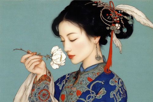 schilderachtig Japan vrouw met bloemen