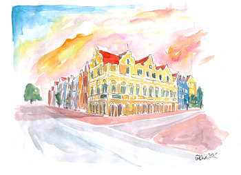 Historic commercial cade Willemstad Curacao at sunrise